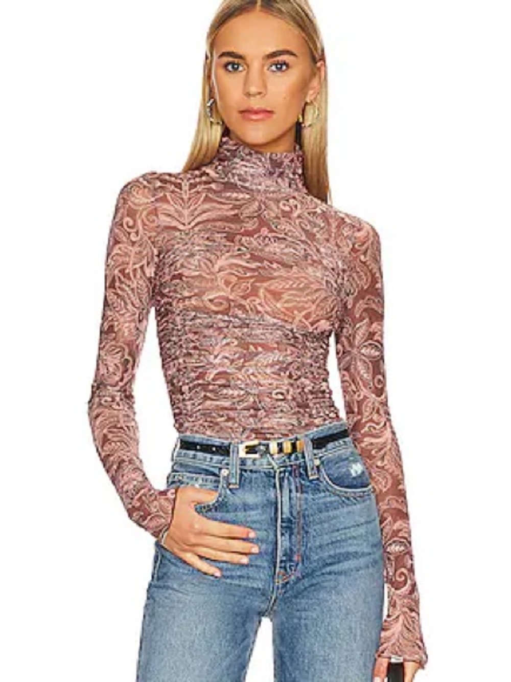 Free People Under It All Sheer Long Sleeve Mock neck Ruched Printed Bodysuit